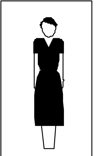 The image shows a black silhouette of an adult female figure standing against what appears to be a checkered background with shades of gray and white.