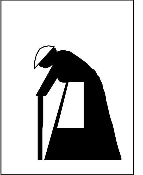 The black and white silhouette of a person pushing an old lady on wheelchair with cane support.