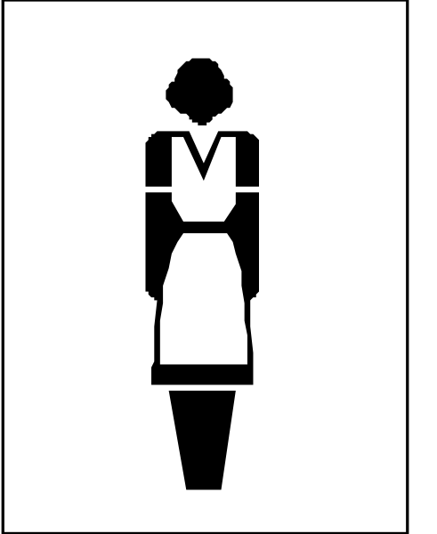 The image shows a black silhouette of an adult female figure wearing what appears to be a dress with vertical stripes on it standing next to a restroom sign indicating that this is for women only.