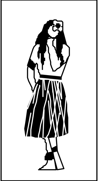 The image shows a black and white line drawing of an animated character standing with hands on hips against a plain background.