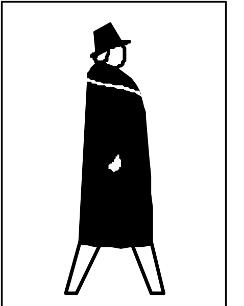 The black and white silhouette of a person standing with their legs apart against an unseen background.