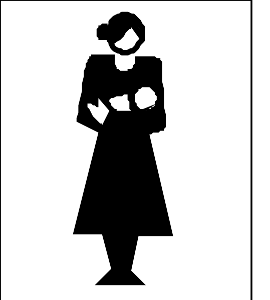 The image shows a black silhouette of an adult woman standing with her arms crossed over herself on what appears to be a sign indicating that it is for women only.