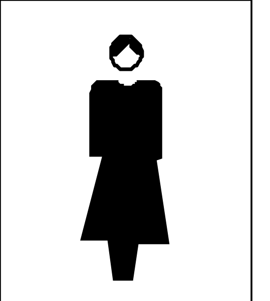 The image shows a black silhouette of an adult woman standing next to a white sign with text that is too small for me to read clearly in this description.