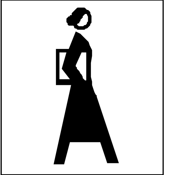 The black and white icon shows a woman standing next to an arrow pointing right with text above it that reads "WOMEN" in capital letters on one side of the image and another sign below her reading "MENS".