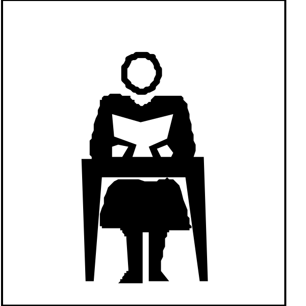 The black and white icon shows a person sitting on an office chair with their back to us; above them is another image of that same figure standing in front of what appears to be a bookcase filled with books, suggesting this might represent someone who reads frequently while seated or studying at home during the day.