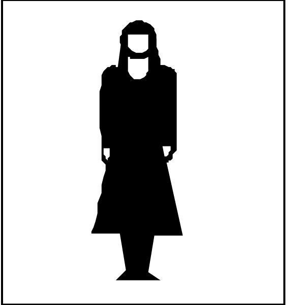 The image shows a black silhouette of an adult woman standing with her back to us against two white backgrounds; on top is a sign indicating "no smoking" below which there's another symbol for women, suggesting that this area may be designated as female-only or restricted from certain genders.