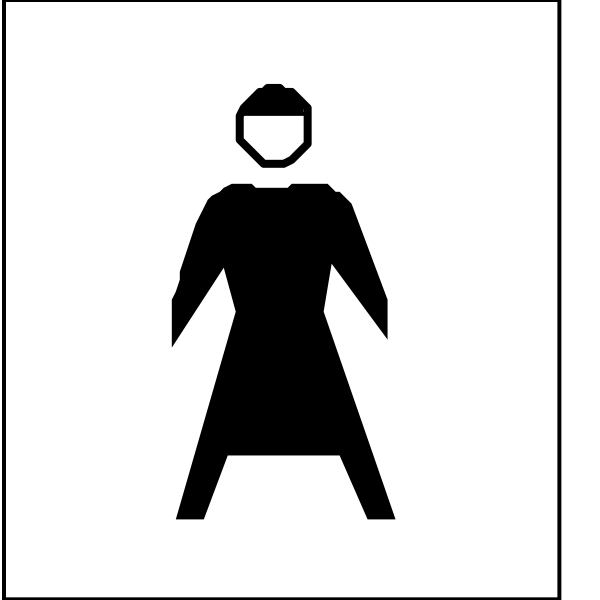 The image shows a black silhouette of an adult female figure wearing what appears to be traditional clothing with long sleeves standing next to two signs: one is labeled "Women" in white text on top, and below it there's another sign that says "Men."