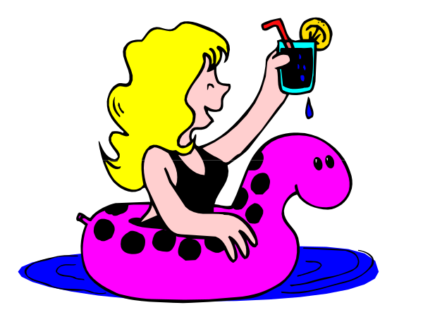 The cartoon shows a woman sitting on an inflatable ring with her legs crossed over it while holding onto its sides for support; she is wearing black shorts and has blonde hair tied back in pigtails, along with sunglasses perched atop her head. She holds up one hand to shield the sun from her eyes as if squinting into a bright light or looking directly towards an unseen object of interest. Her other arm rests on top of what appears to be a pink inflatable pool toy shaped like a dinosaur, which is floating in water beside her;