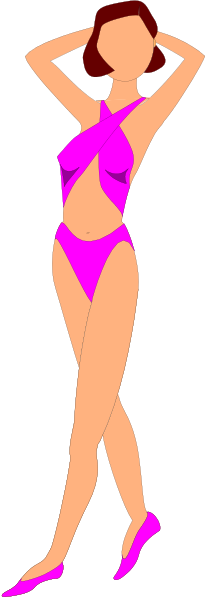 The image shows a cartoon of an animated female figure wearing pink swimwear standing against a black background with her arms crossed over her head; she is depicted in profile view from behind.