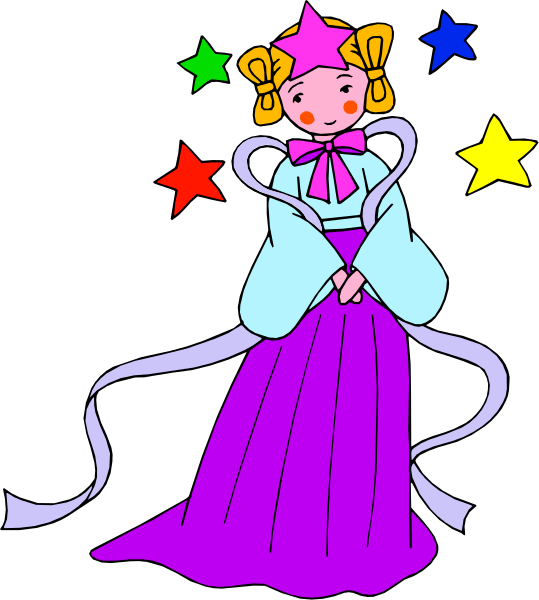 The image shows a cartoon of an animated character with star motifs around it, standing on what appears to be a dark background; there is no text present in this clip-art illustration.
