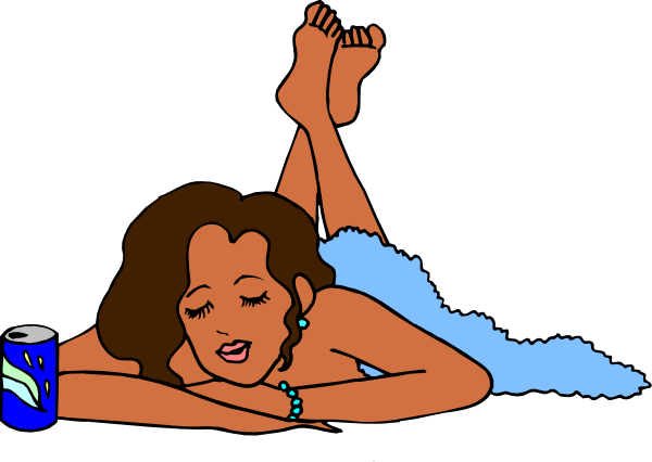 The image shows a cartoon of an animated woman lying on her stomach with legs crossed over each other while holding onto what appears to be blue cans in both hands; she is wearing earrings and has dark hair, all set against a black background that suggests nighttime or darkness.