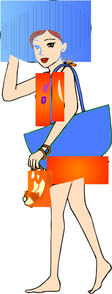 The image shows a woman walking with her hand on hip while holding an umbrella over head; she is wearing shorts and has red hair tied back in ponytail.
