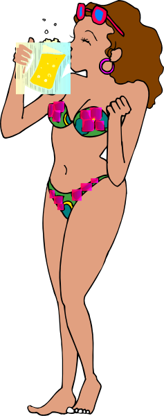 The illustration shows a woman wearing bikini bottoms with colorful patterns on them; she is holding an ice cream cone in her right hand while standing against a black background that has white stripes at its base, and there's no text present within this image.