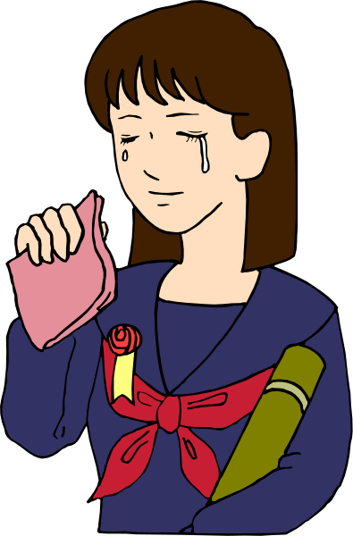 The cartoon shows a woman with dark hair wearing glasses holding her nose while looking down at something on the ground; she is dressed in blue clothing and has an open book bag over one shoulder.
