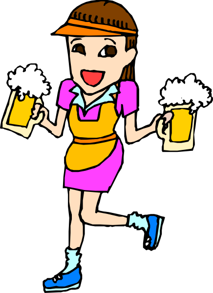 The cartoon depicts a woman wearing an apron holding two mugs of beer while standing on what appears to be a sidewalk at nighttime with her arms outstretched as if dancing.