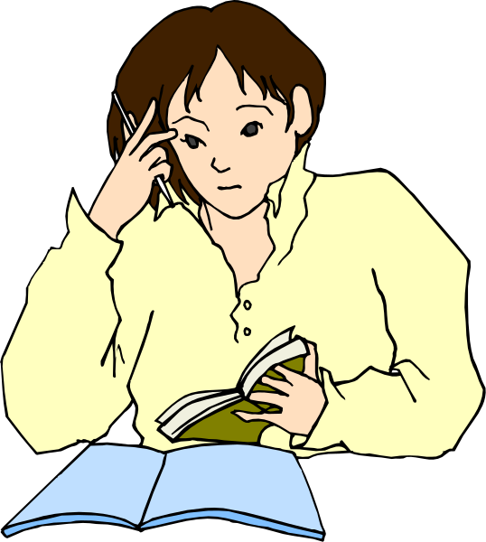 The illustration shows a person sitting at an open book with their hand on their head as if deep in thought; there is no text present within this image.