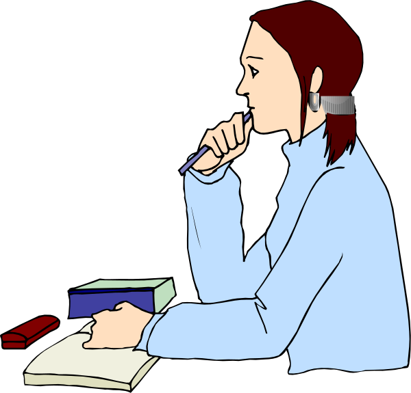 The illustration shows a woman sitting at her desk with an open book on it, writing something down while holding a pen in one hand and resting her chin thoughtfully on another. She is wearing glasses over her eyes and has red hair pulled back into pigtails.