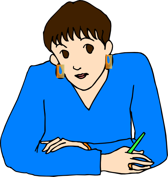 The image shows a woman sitting at her desk with papers on it; she is wearing earrings and has glasses perched upon them. She appears to be in deep thought as indicated by her hand resting under her chin, while looking downward towards something off-frame.
