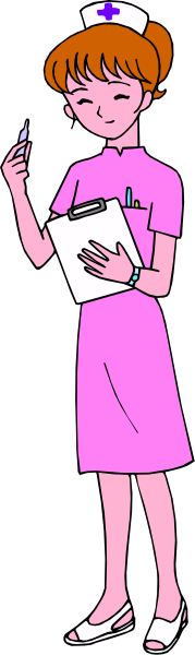 The image features a cartoon nurse standing next to her patient's bed with medical equipment on it; she is holding papers in one hand while writing something down with the other.