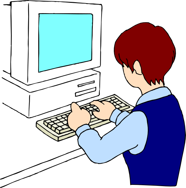 The illustration shows a person sitting at an office desk with their hands on a computer keyboard, looking intently towards it as if typing something.