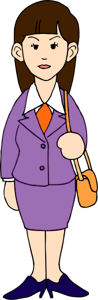 The image shows a cartoon of an adult woman standing against a gray background with her hands at her sides; she is wearing purple clothing including a jacket over a dress shirt, blue shoes, and has short brown hair styled in bangs. She appears to be looking directly ahead or slightly off-camera.