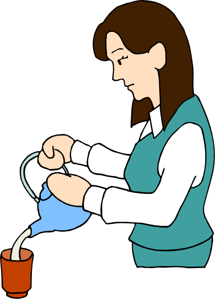 The cartoon shows a woman pouring water from an aqua blue pitcher into another container using her right hand while standing in front of it with both hands on hips; she is wearing glasses and has brown hair, dressed casually in a white shirt over a striped vest paired with dark pants.