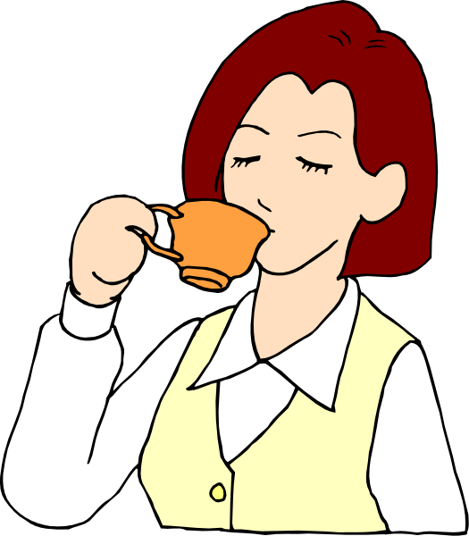 The cartoon shows a woman with red hair wearing glasses drinking from an orange cup while sitting at her desk.