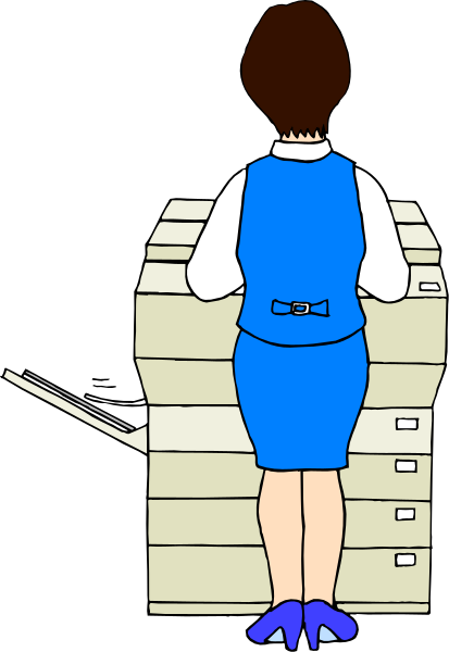 The illustration shows a woman standing behind stacks of filing cabinets with papers on top; she is wearing blue shoes, has short hair, wears glasses, and appears to be in an office environment.