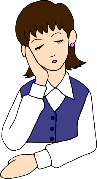 The image shows a cartoon of an animated woman with brown hair wearing glasses sitting at her desk next to a window. She is holding her head in both hands as if she's tired or upset.