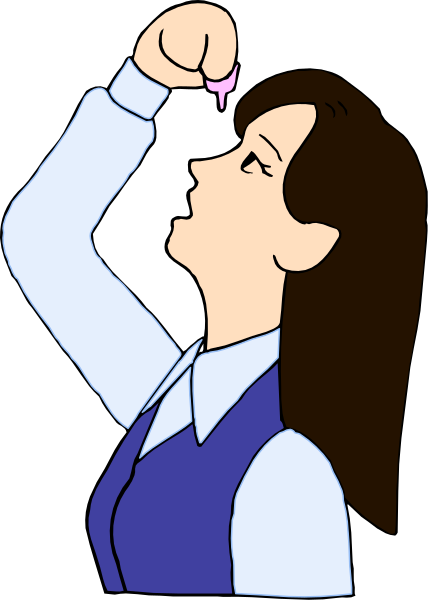 The cartoon shows a woman with brown hair wearing glasses standing next to an open window on what appears to be a cloudy day; she is holding her nose while looking out of it as if smelling something outside, and there's no text present in this image.