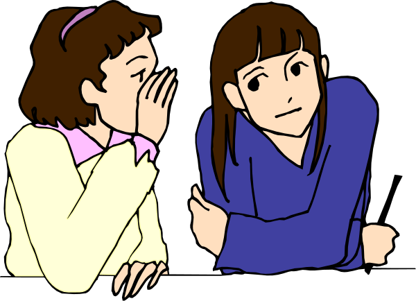 The image shows three animated characters sitting at a table with their backs to each other; two girls appear surprised while looking away from one another towards an unseen third character who is whispering something into her ear.