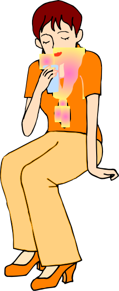 The image shows a cartoon of an animated woman sitting on a chair with her hand to her face as if she's deep in thought while holding what appears to be a smartphone. She is wearing orange pants and has short hair, suggesting it might represent modern times or technology use during contemplation moments.