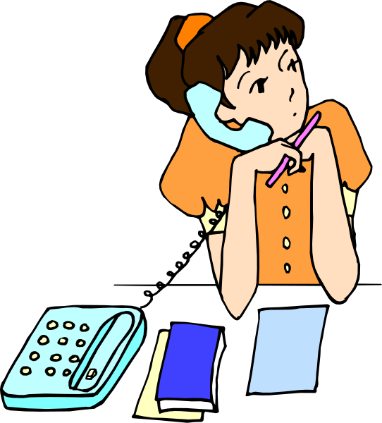 The illustration depicts a woman sitting at her desk with an open book on it; she is holding a pen over some papers while talking on a phone that's connected to its base by a cord.