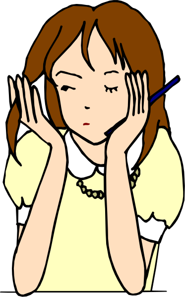 The image shows a cartoon of an animated girl with brown hair wearing glasses who is holding her face between both hands as if she's in distress while looking upwards to the right side of the frame; there appears to be text on top left corner, but it isn't legible due to resolution.