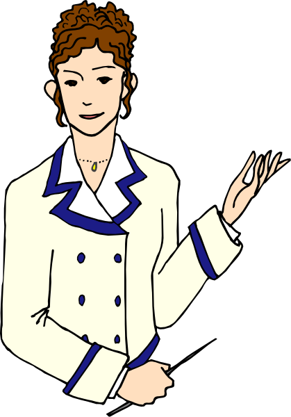 The illustration shows a woman standing with her hands clasped together; she is wearing glasses on top of her head, has curly hair pulled back into an updo, wears a white blazer over what appears to be a blue garment and dark pants or skirt beneath it, all in shades that suggest the image may have been created using clip-art. The background behind her is black with no additional details visible due to its simplicity.