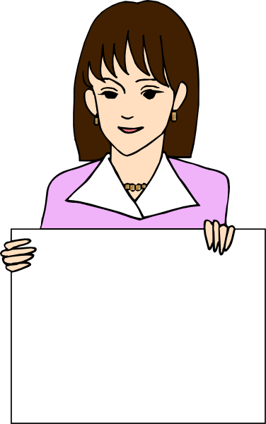 The image shows a woman holding up an empty sign with her left hand while standing against what appears to be a black background; she is wearing glasses on top of her head, has short brown hair, wears earrings and a necklace around her neck, and is dressed in casual attire including a pink shirt.