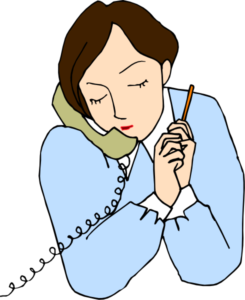 The illustration shows a woman sitting at her desk with an old rotary phone next to her on which she is holding a pencil. She appears relaxed as if in deep thought while looking downward towards something off-frame, possibly related to work given by the presence of papers and books around her workspace.