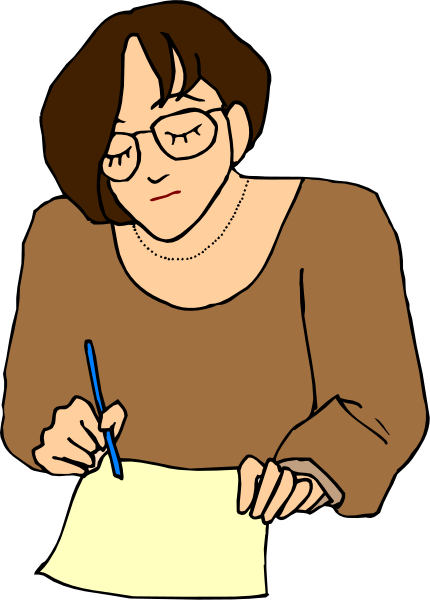 The cartoon shows a woman with glasses sitting at her desk writing on paper while holding a pen; she is wearing an open-necked top and has short hair.