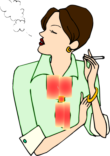 The image features a woman smoking with an illuminated red cross on her shirt overlaid atop it; she is wearing earrings and has dark hair styled in bangs.