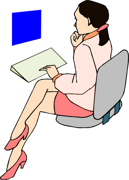 The illustration shows a woman sitting at an office desk with her legs crossed over each other while she is typing on a computer keyboard. She has one hand resting near some papers that appear to be in front of her, and there's another document beside them. Her attire consists of pink heels paired with what seems like business casual clothing—a skirt or dress and blazer jacket. The background includes an office chair she is sitting on and a computer monitor displaying blue content at the top right corner behind her head.