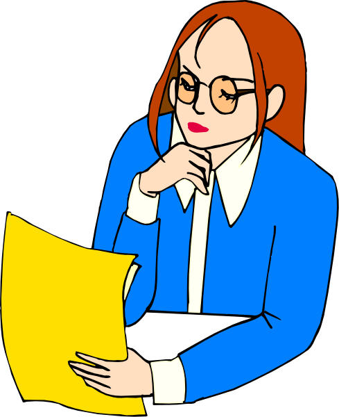 The illustration shows a woman with glasses looking at papers while holding them open; she is wearing blue clothing and appears to be in an office environment.
