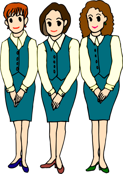 The illustration shows three women wearing blue uniforms with white collars standing side by side; each has a different hairstyle: one is blonde, another red-headed, and the third brunette. They all wear name tags on their chest area of their outfits.