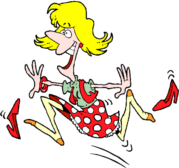 The cartoon depicts a woman with blonde hair wearing red heels running on her tiptoes while holding onto something in front of her; she is dressed as Marilyn Monroe from "The Seven Year Itch" and has polka dots all over, including stockings that are visible.