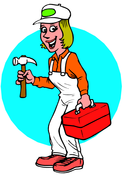 The illustration shows a cartoon of an adult woman holding tools while standing next to two red toolboxes with handles on top; she is wearing white overalls and has blonde hair tied back in pigtails, smiling at something off-frame.