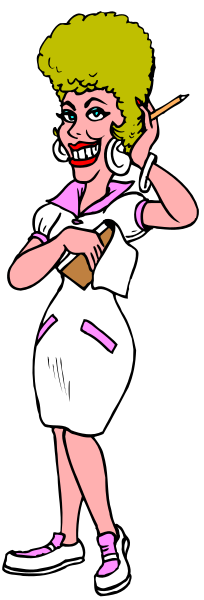 The cartoon shows a woman dressed as a nurse holding a phone to her ear while standing against a black background with white stripes on either side of her figure; she is wearing blue shoes and has blonde hair, along with glasses perched atop her head.