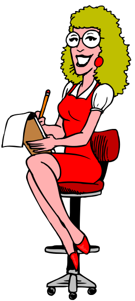 The cartoon shows a woman sitting at her desk with papers on it; she is wearing glasses and has blonde hair.