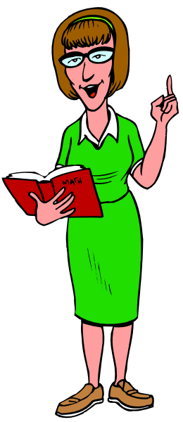 The illustration shows a woman wearing glasses with blonde hair standing next to a bookcase filled with books; she is pointing at something in front of her while holding up one finger as if making an important point during conversation, and there's another figure behind her who appears to be listening attentively.