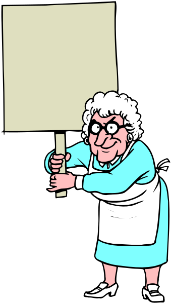 The cartoon shows an elderly woman holding a sign with her left hand while standing behind it; she is wearing glasses and has white hair pulled back into what appears to be bangs. She's dressed in blue, possibly indicating that this could represent someone from law enforcement or authority given the context of signs often being associated with rules or warnings. The background suggests an indoor setting but does not provide enough detail for a more specific description beyond it appearing as though she is standing behind some sort of barrier or partition.