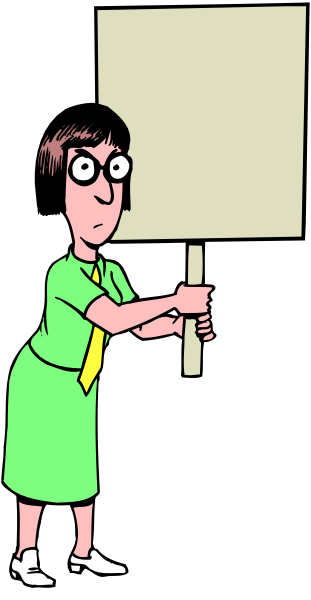 The cartoon shows a woman standing behind an easel with papers on it; she is holding up her hand as if presenting something to someone outside of frame.