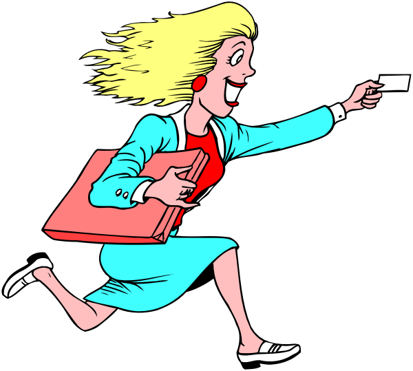 The cartoon shows a woman running with her arms outstretched as if she's flying through mid-air; she is wearing glasses on top of her head, has blonde hair tied back in a ponytail and wears a blue jacket over an orange shirt paired with white pants. She holds a red book under one arm while the other hand points forward to something unseen.